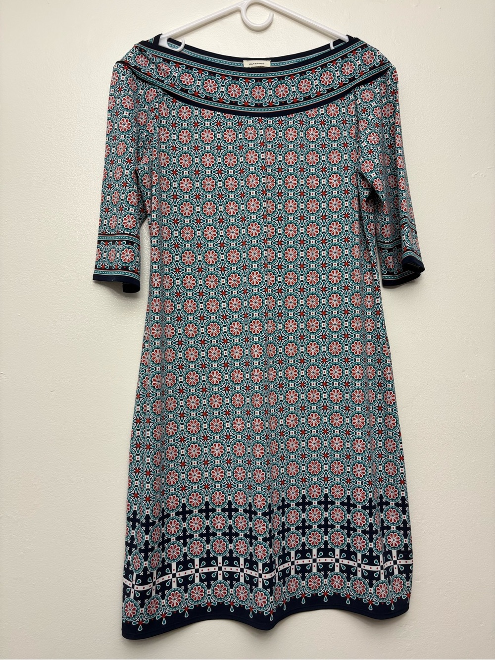 Max Studio Geometric Print Stretch Shift Dress Boat Neck Large EUC